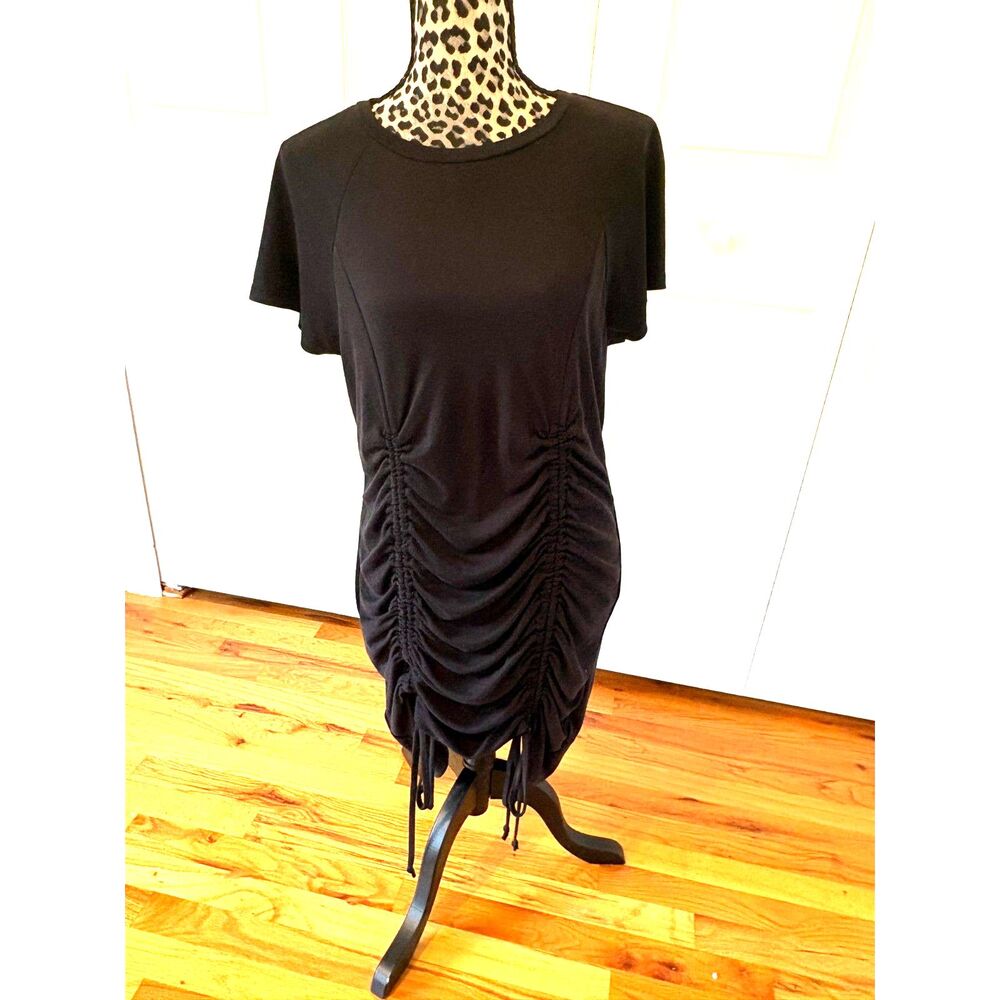 Topshop Black Ruched Drawstring T-Shirt Dress Size 14 Date Club Bodycon Goth
